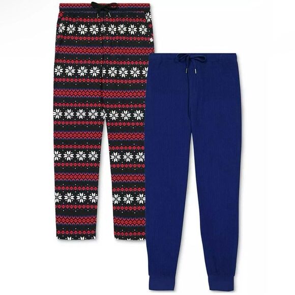 GAP Mens Pajama Pants Medium 2-Pack Blue Jogger Black Fair Isle Pant Set - Picture 1 of 5